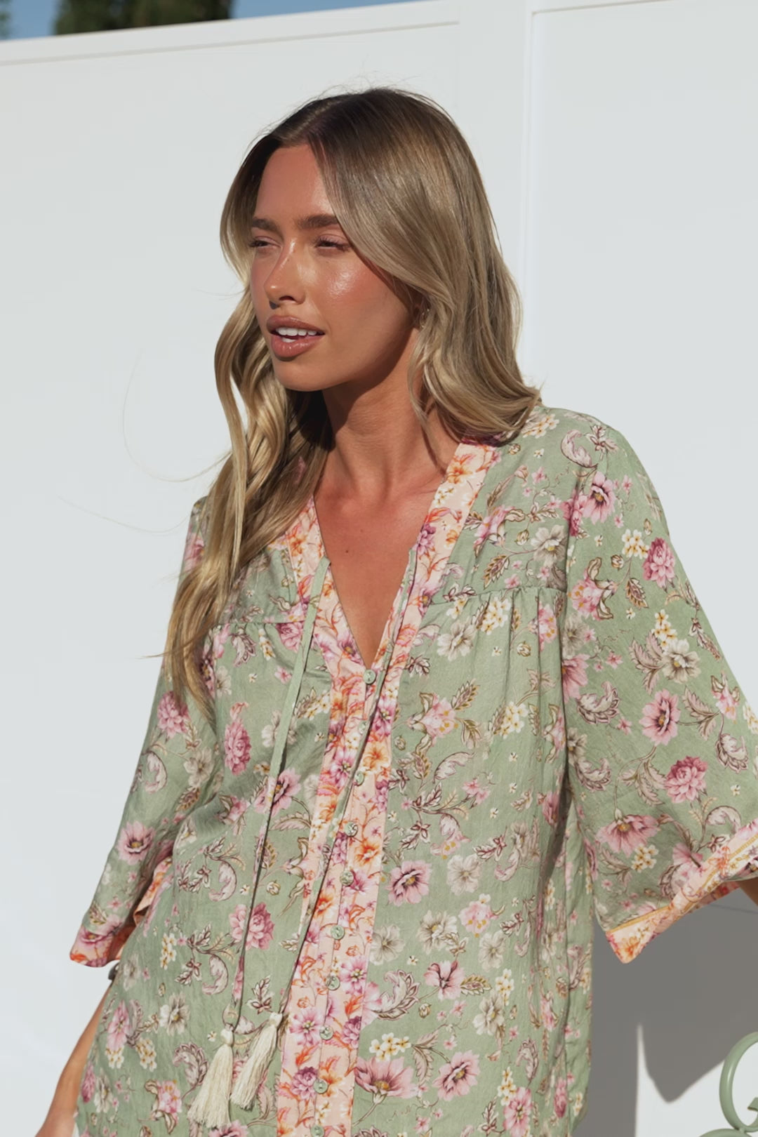 Elysia Blouse - Deep V Neck Button Down 3/4 Sleeve Top in Ottilie Print