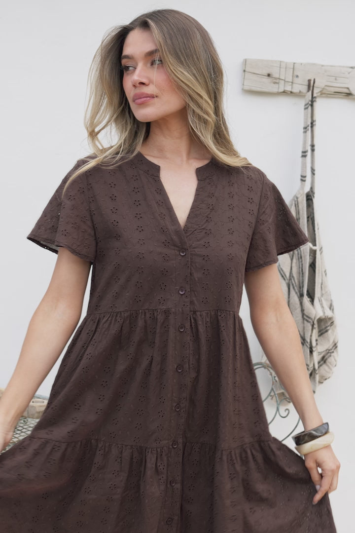 Prisha Mini Dress - Mandarin Split Collar Cotton Lace Button Down with Cap Sleeves in Chocolate