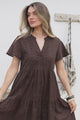 Prisha Mini Dress - Mandarin Split Collar Cotton Lace Button Down with Cap Sleeves in Chocolate