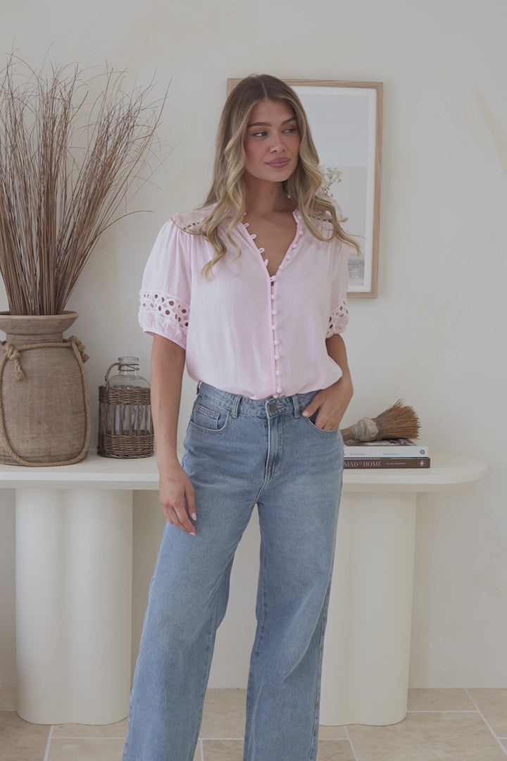 Alenna Shirt - Mandarin Collar Cut Out Detailed Short Sleeve Button Down in Pink