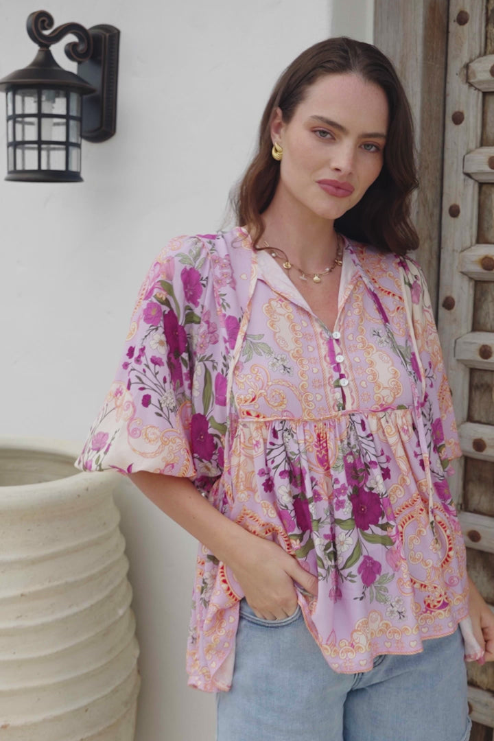 Chi Blouse - Balloon Sleeve Smock Blouse in Gesabelle Print