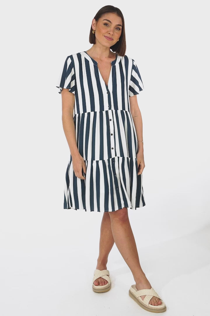 Wilma Mini Dress - Bermuda Collar Button Down Dress with Cap Sleeves in Gaubi Print Blue