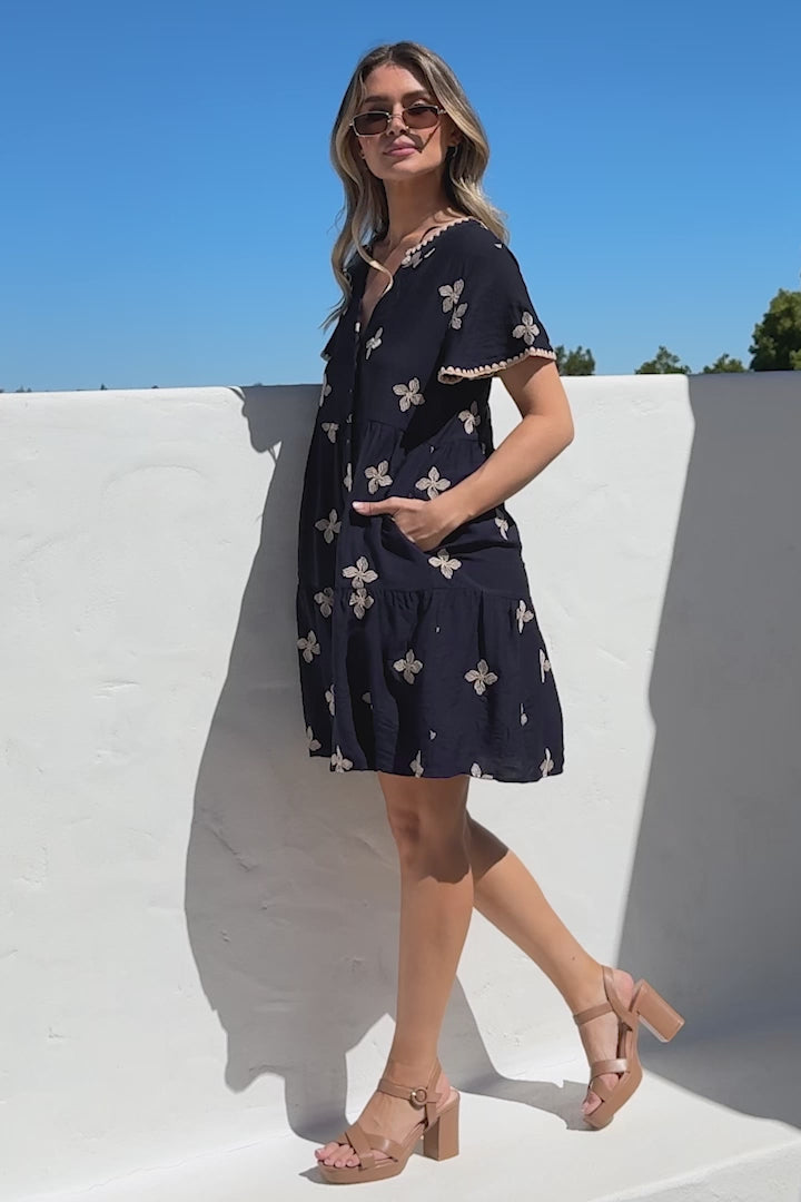 Wilma Mini Dress - Bermuda Collar Button Down Dress with Cap Sleeves in Gigi Print Navy