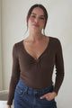 Roxana Top - Ribbed V Neck Long Sleeve Top with Gold Metal Accent in Chocolate