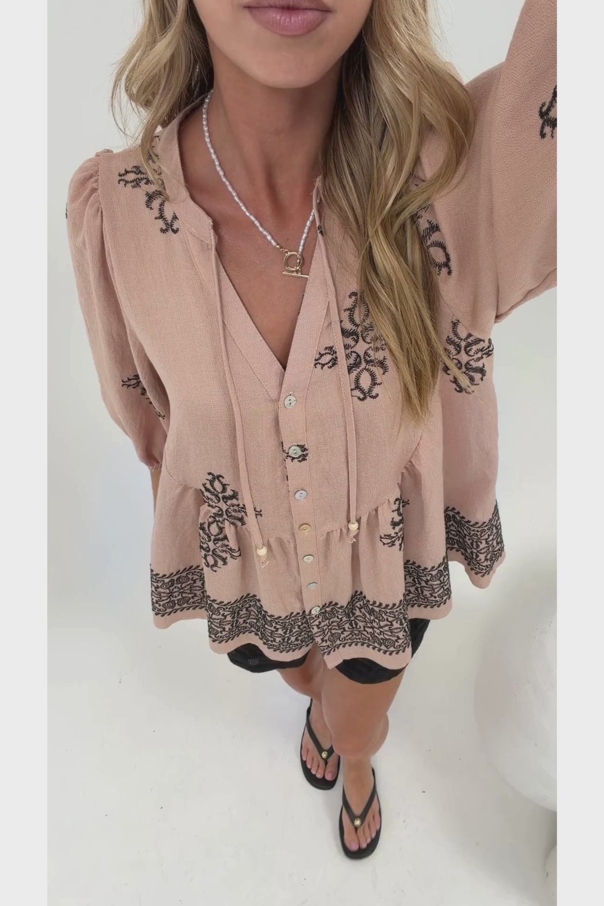 Ziva Blouse - Mandarin Collar Button Down with Balloon Sleeves in Mohana Print Blush
