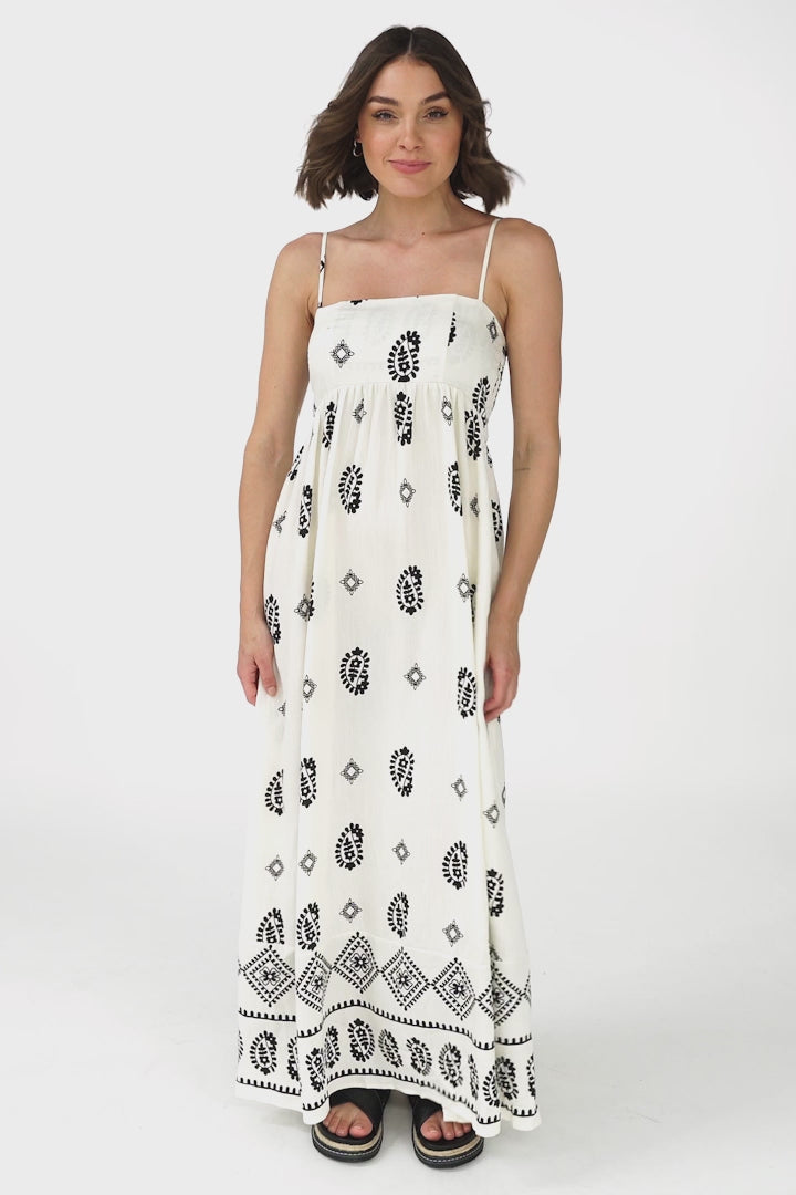 Malia Maxi Dress - A-Line Sun Dress in Maha Print Beige