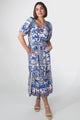 Ezrah Midi Dress - V Neck On or Off Shoulder Dress with Balloon Sleeves in Gadu Print Blue