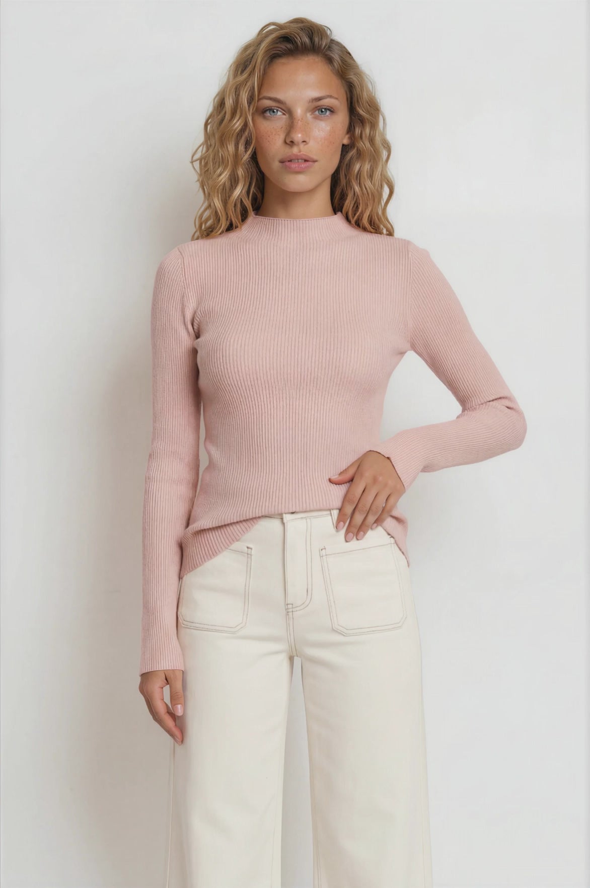 Paisley Knit Top - Ribbed Crew Neck Long Sleeve Knit in Pink