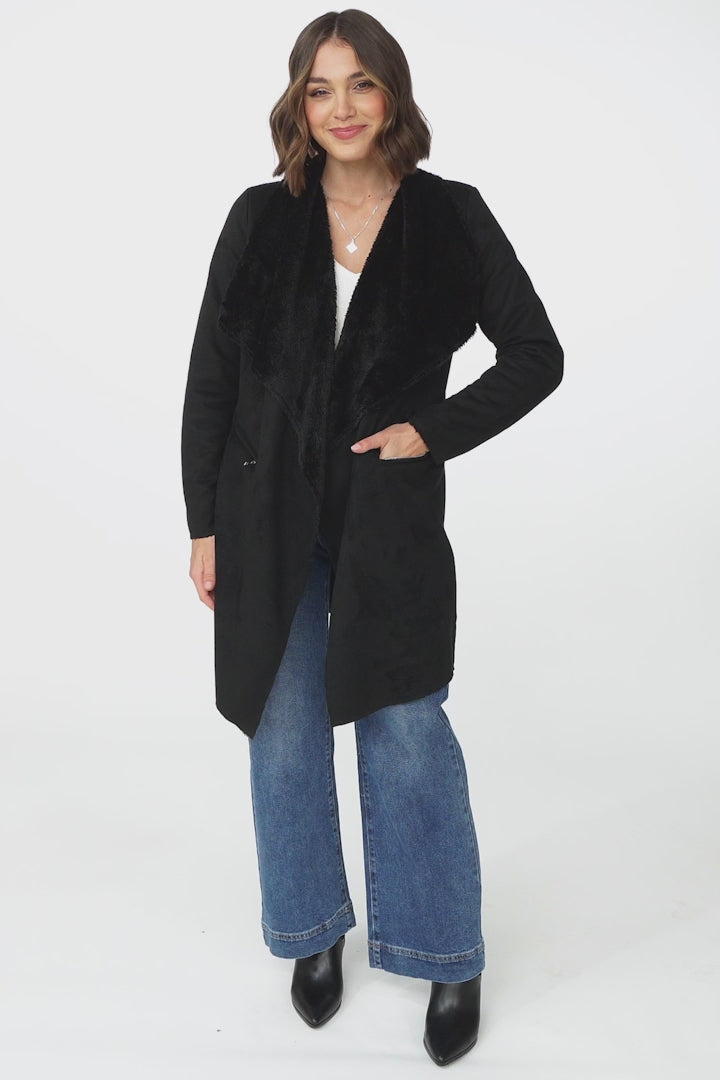 Devenish Jacket - Faux Fur Lined Suede-Like Waterfall Jacket in Black