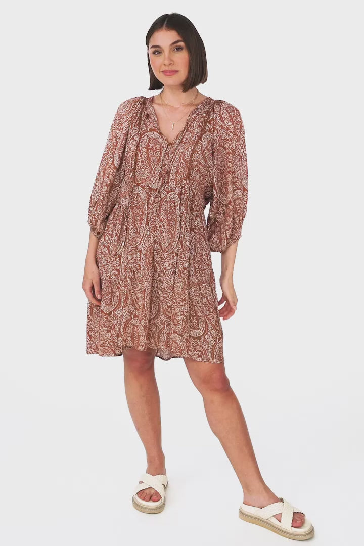 Juddy Mini Dress - Batwing Sleeve Smock Dress with Lace Detailing in Khalid Print Rust