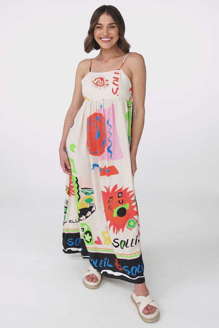 Genie Maxi Dress - Eye Catching Sun Dress with Bow Detail at the Back in Jade Print Cream