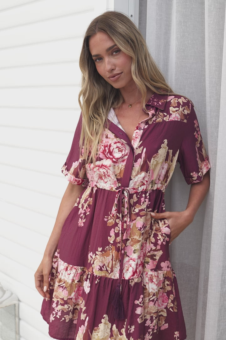 Apryl Mini Dress - Collared Short Sleeve Dress with Pull Tie Waist in Vela Print Burgundy