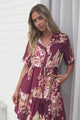 Apryl Mini Dress - Collared Short Sleeve Dress with Pull Tie Waist in Vela Print Burgundy