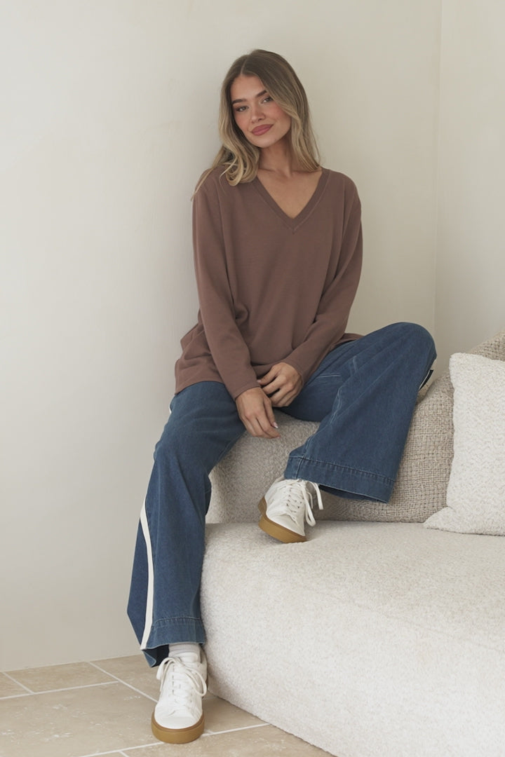 Mayanna Jumper - Light Weight V Neck Knit with Side Splits in Coffee
