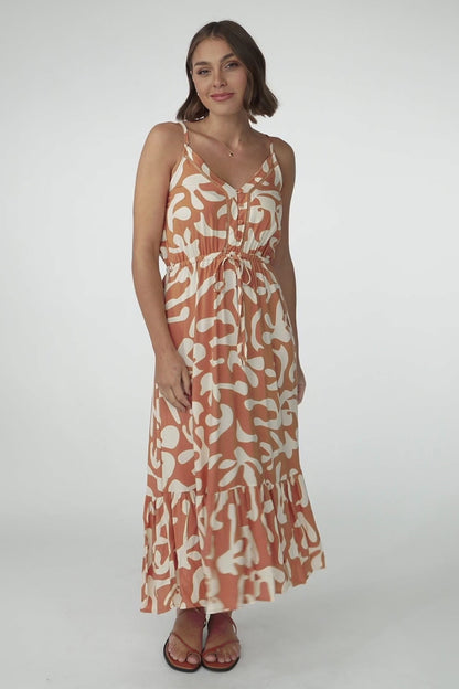 Ansel Midi Dress - Adjustable Strap Sun Dress in Jaxie Print Rust