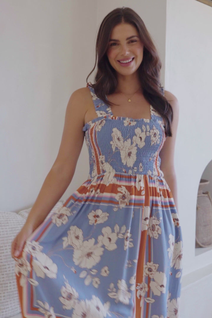 Carmelle Maxi Dress - Thick Strap Elasticated Bodice Sun Dress in Trinity Print