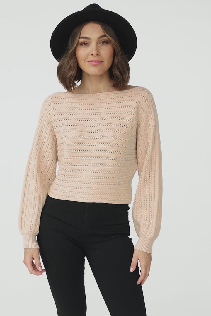 Celina Knit Top - Open Knit Stitch Boat Neckline Top in Beige