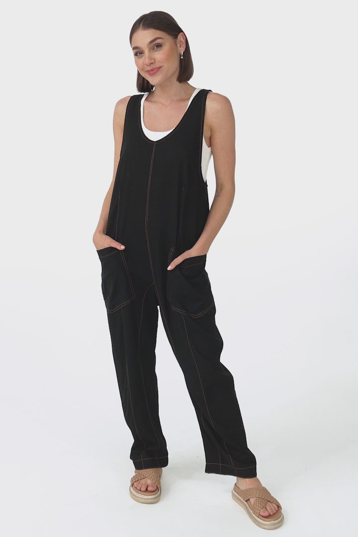 Bradley Jumpsuit - Scoop Neckline Overalls with Contrast Stitching in Black