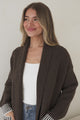 Nattie Cardigan - Folded Collar Knit with Contrast Stripe Hemlines and Pockets in Dark Brown