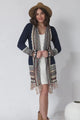 Pasadena Cardigan - Open Front Graphic Border Print with Tassel Hemline in Navy