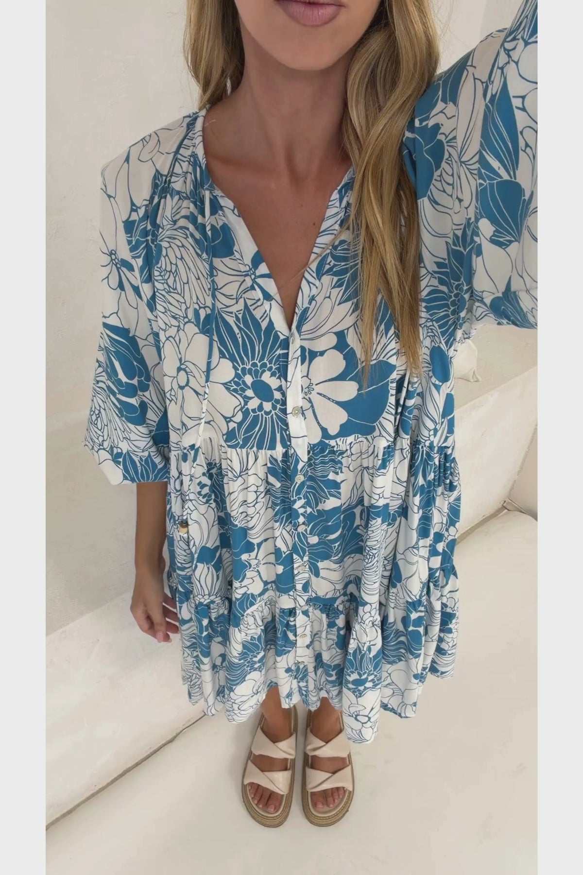 Tia Mini Dress - V Neck Long Sleeve Dress with Tiered Hem in Lumina Print