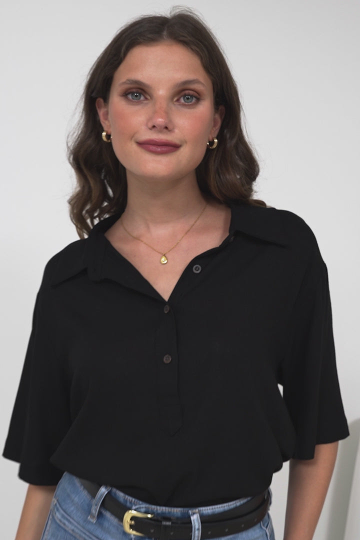 Solana Top - Collared Buttoned Neckline Boxy Tee in Black