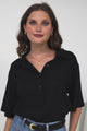 Solana Top - Collared Buttoned Neckline Boxy Tee in Black