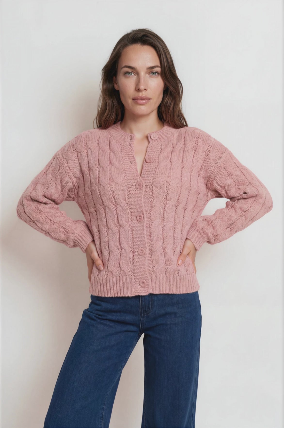 Aspen Cardigan - Crew Neck Button Front Short Polo Knit in Pink