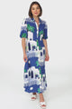 Elena Maxi Dress - Short Balloon Sleeve Button Down Dress With Belt in Tropea Print