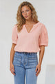 Loyalty Top - Textured V-Neck Split Collar Top with Puff Sleeves and Scallop Trims in Peach