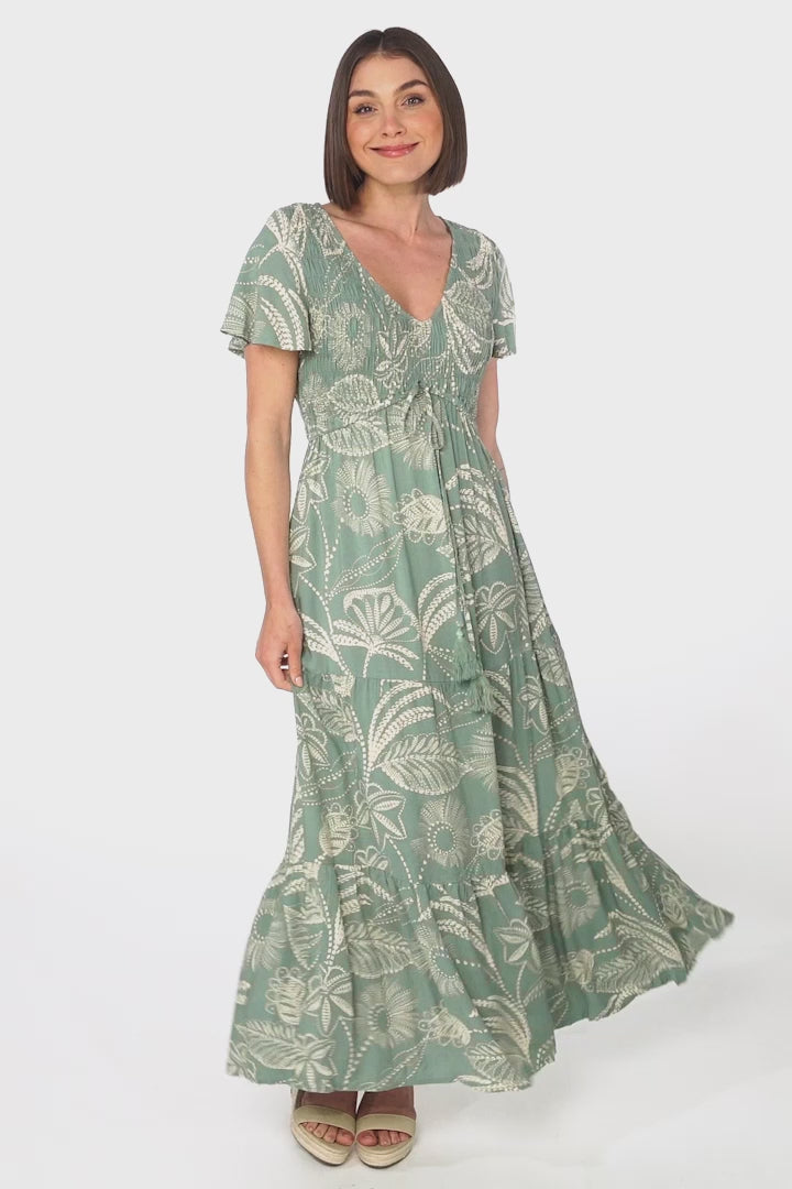 Amaya Maxi Dress - Shirred Cap Sleeve A Line Dress in Havanna Print Green