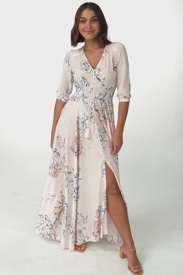 JAASE - Indiana Maxi Dress: Lace Back Shirred Waist A Line Dress with Handkercheif Hemline in Blooming Bouquet Print