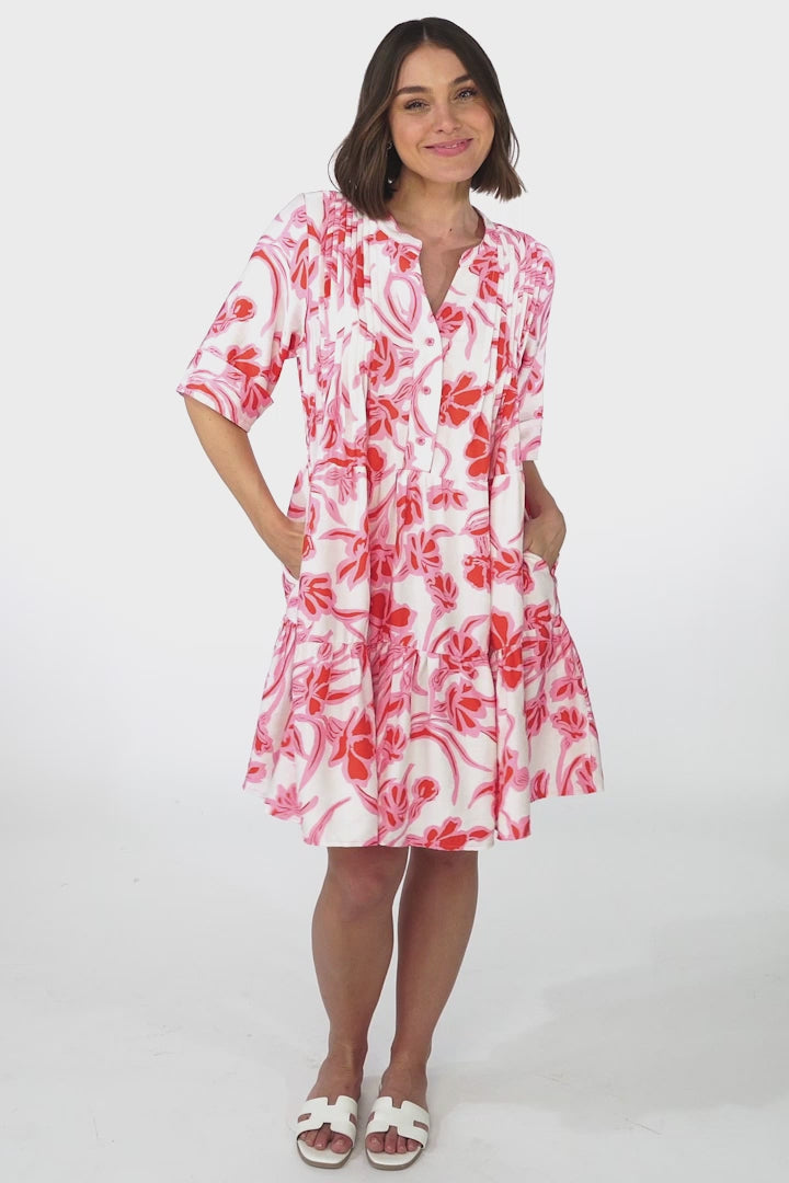 Evie Mini Dress - 3/4 Sleeve Tiered Smock Dress in Braley Print Pink