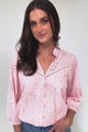 Ardena Blouse - Eyelet Embroidery Cotton Button Down with 3/4 Sleeves in Pink