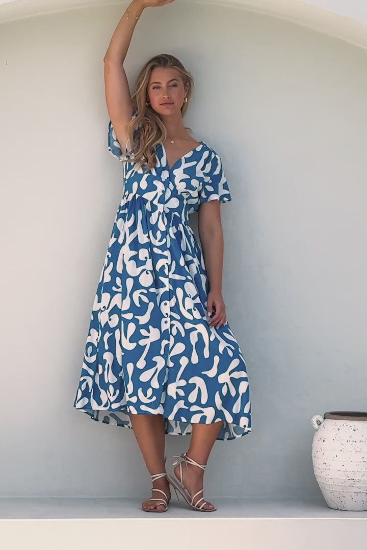 Loya Midi Dress - A Line Cap Sleeve Button Down Dress in Jaxie Print Blue