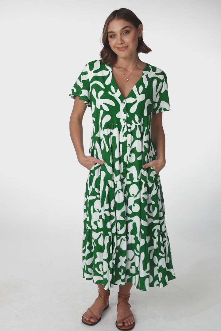 Bree Midi Dress - Relaxed Mandarin Collar Button Down Tiered Dress in Jaxie Print Green