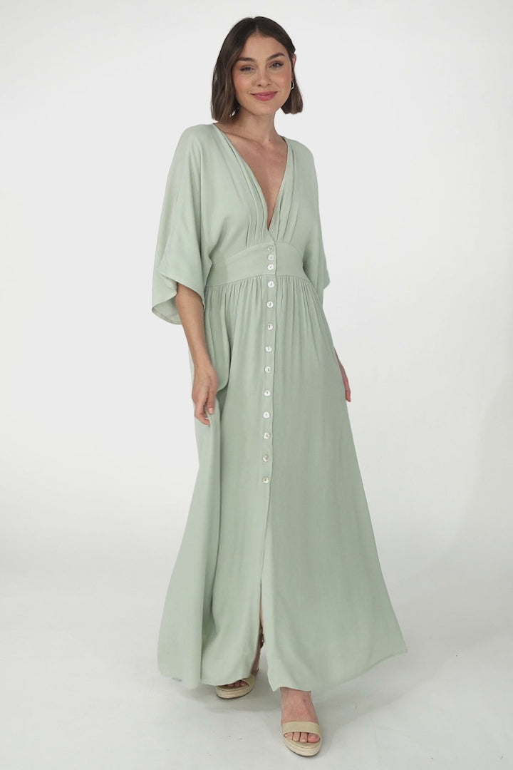 Zyla Maxi Dress -  V Neck Button Down Kimono Sleeve Dress in Mint