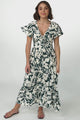 Tea Midi Dress - Pull In V Neckline Dress with Cap Sleeves in Charis Print Emerald