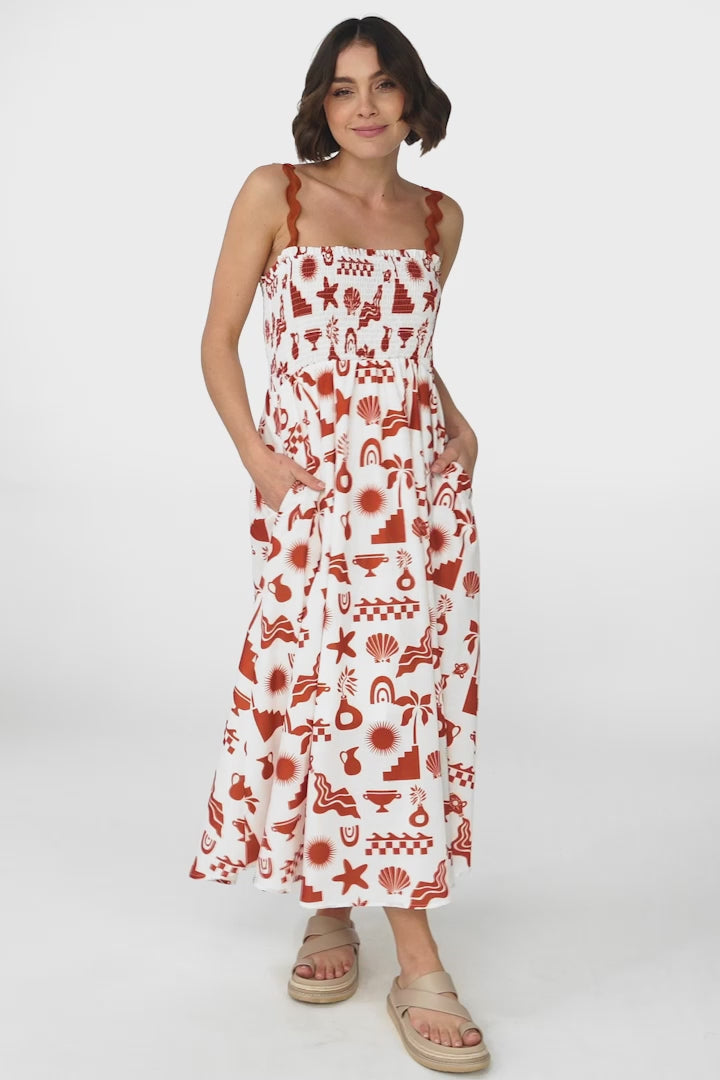 Valoria Midi Dress - Rick Rack Strap Elassicated Bodice Sun Dress in Bayu Print Rust