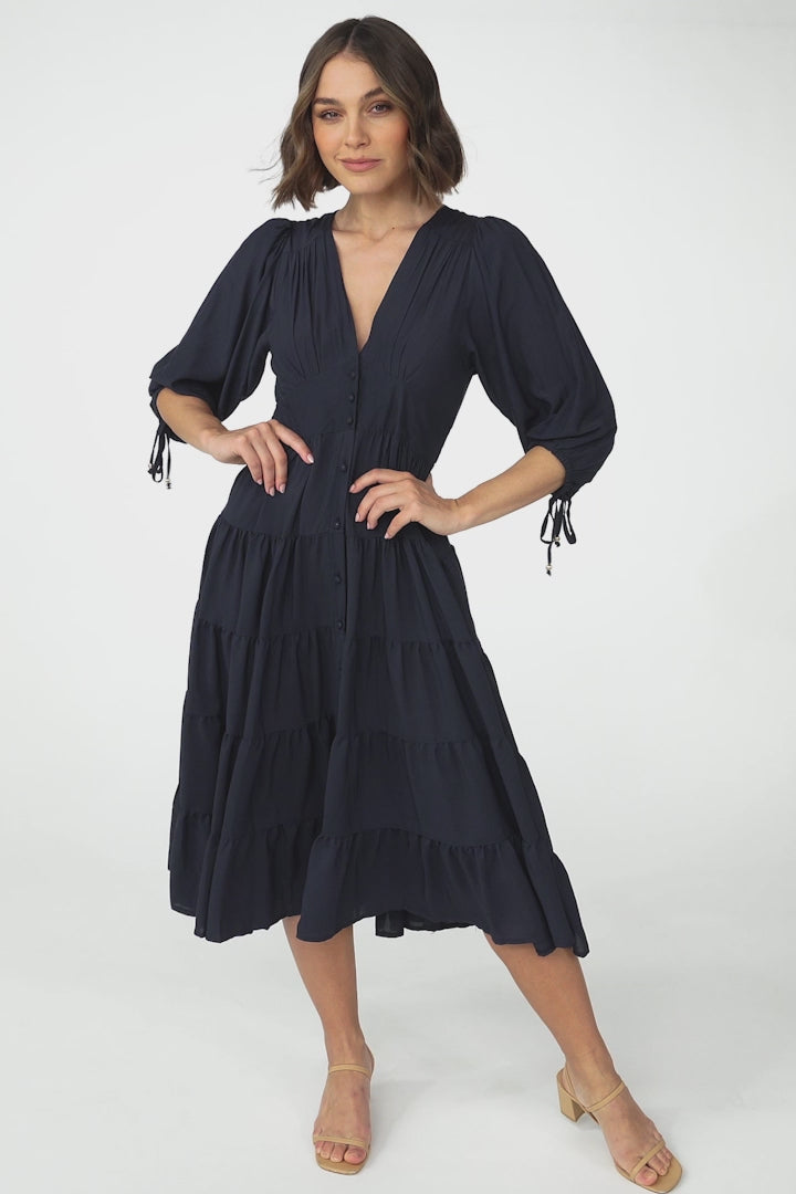 Milly Midi Dress - Tiered Button Down 3/4 Sleeve Dress in Navy