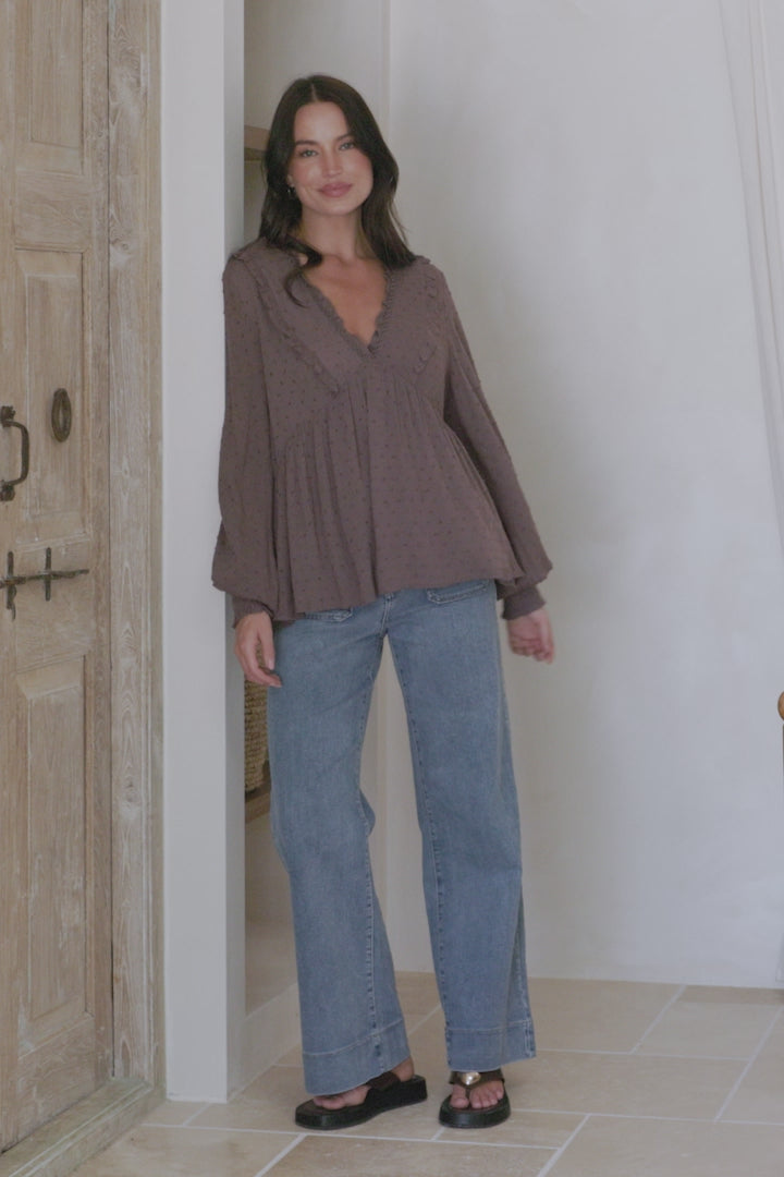 Coral Top - Frill Neckline Empire Bustline Textured Top with Long Balloon Sleeves in Chocolate