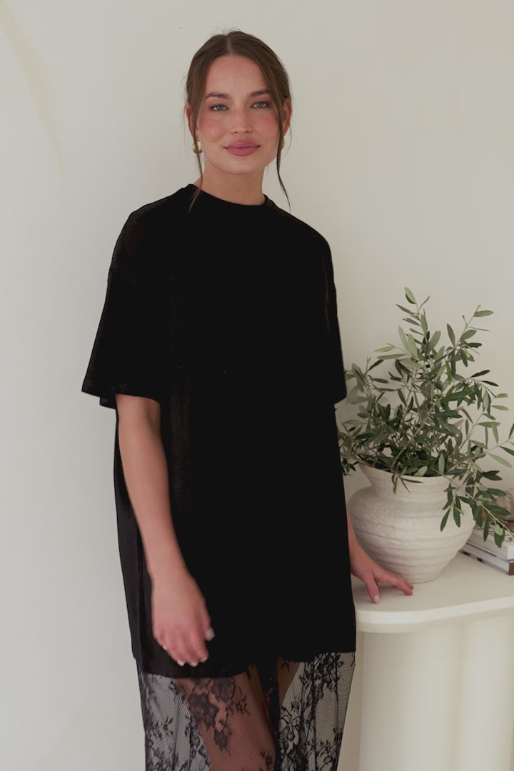Sonoma T-Shirt Maxi Dress - Oversized Short Sleeve Dress with Lace Skirt in Black