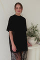 Sonoma T-Shirt Maxi Dress - Oversized Short Sleeve Dress with Lace Skirt in Black