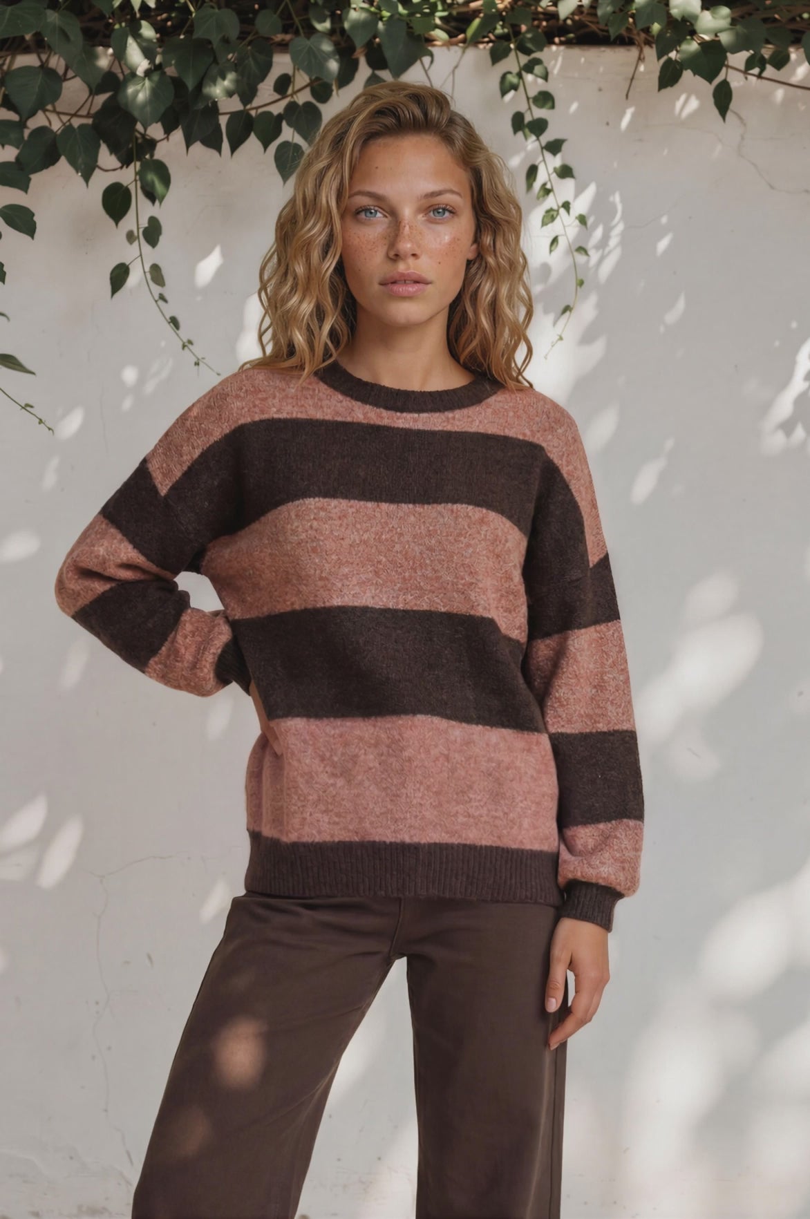 Mekah Jumper - Crew Neck Stripe Knit with Balloon Sleeves in Chocolate/Tobacco