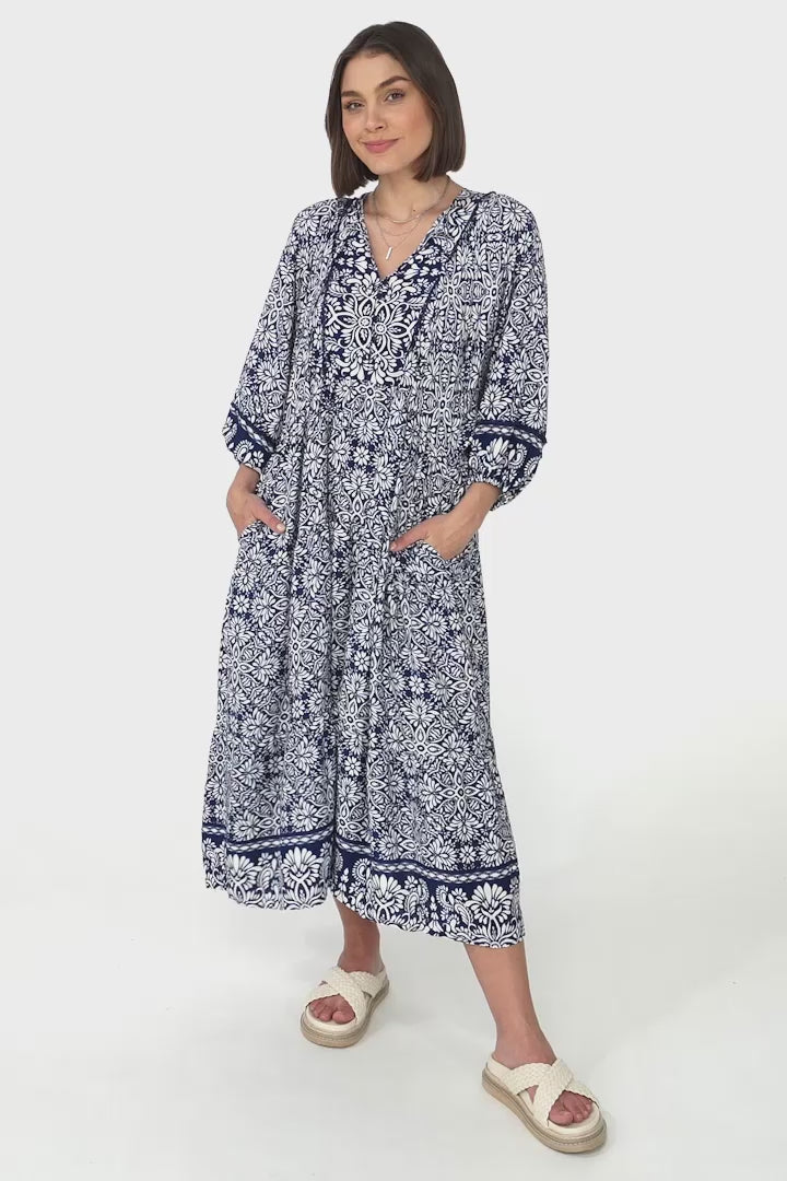 Kamali Midi Dress - Batwing Sleeve Smock Dress with Lace Detailing in Harley Print Blue