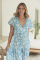 Simone Mini Dress - V Neck Tiered Dress with Flutter Sleeves in Emmie Print Aqua