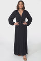 Agatha Maxi Dress - A Line Dress with Gathered Waistline and Long Sleeves in Navy