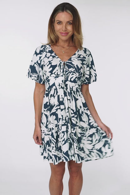 Lilly Mini Dress - Adjustable V Neckline Dress with Cap Sleeves in Charis Print Blue