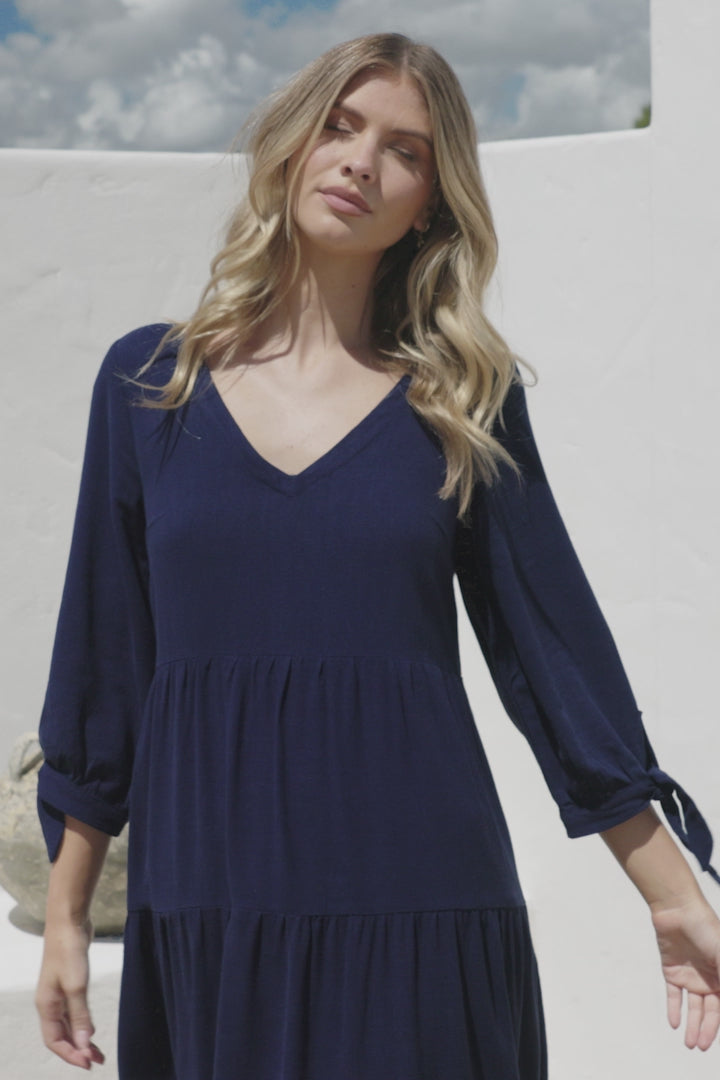 Elisabette Midi Dress - V-Neck Tiered Linen Dress with 3/4 Tie Cuff Sleeves in Navy