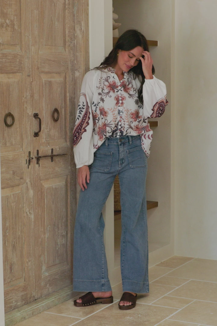 Portia Blouse - Button Down Mandarin Collar Shirt in Magah Print